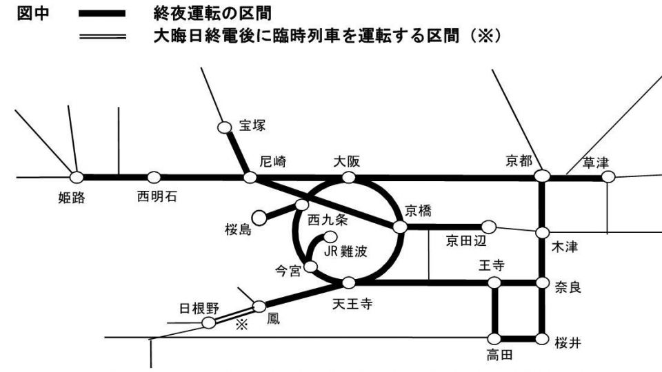 大阪JR及私鐵年尾通宵車資料 大阪自由行